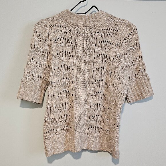 Women’s Time and Tru Beige w/ Silver Metallic Short Sleeve Sweater Top, Medium - Picture 3 of 7